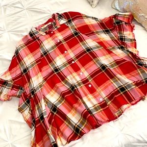 Plaid boutique shirt with sleeve ruffle